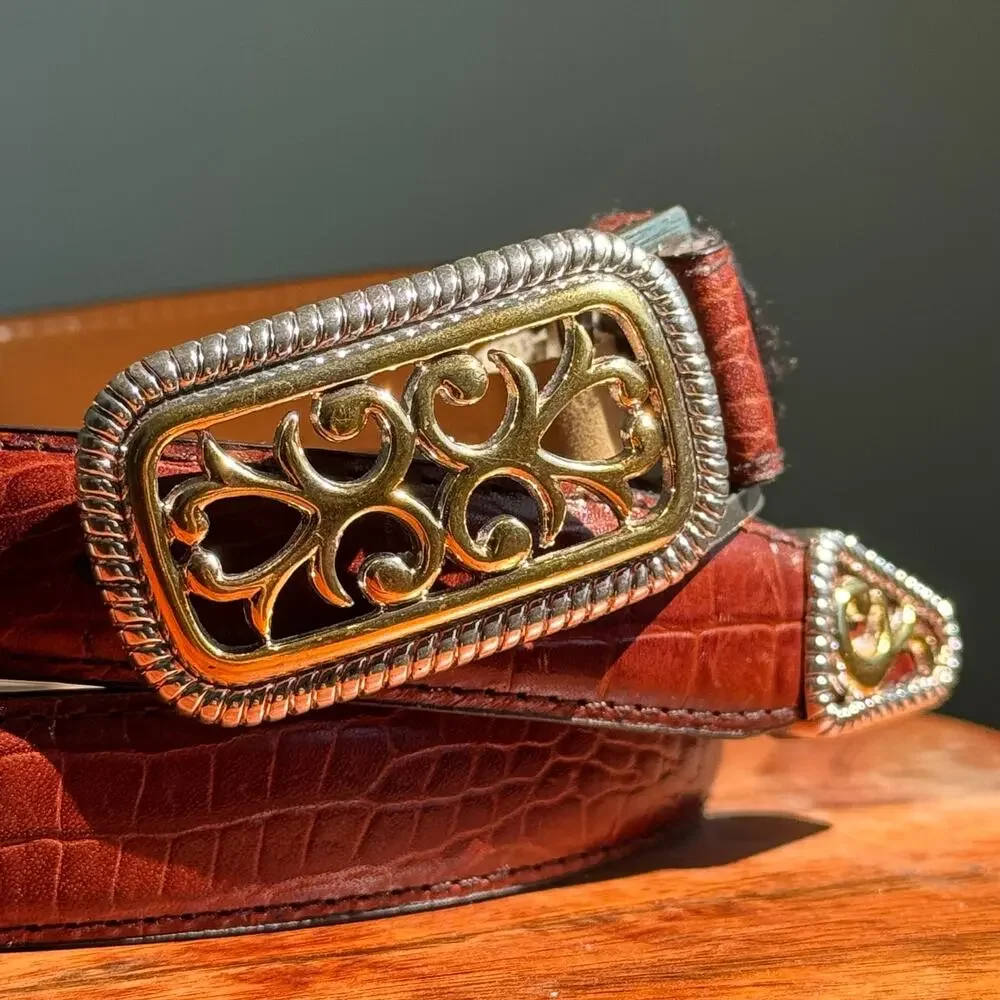 Raymond Floyd Genuine Leather Croc Embossed Belt Brown Gold Buckle Size M 33”